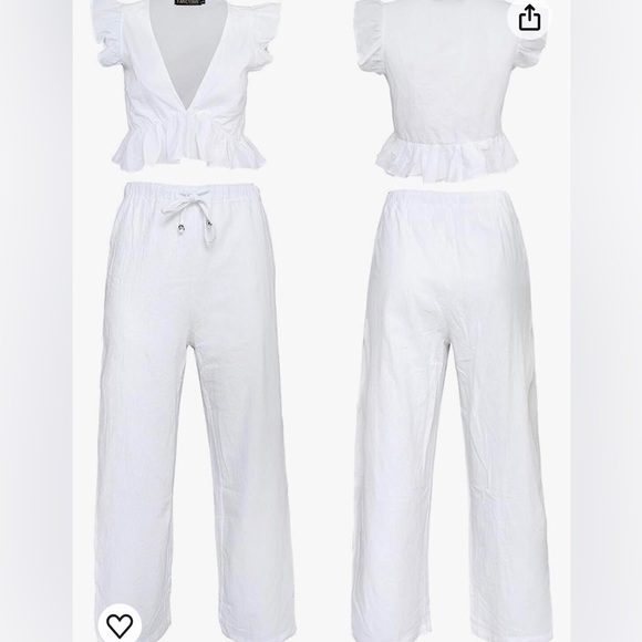 FANCYINN - XL - 2 PC WHITE DEEP V RUFFLE TRIM CROP TOP & SIDE SLIT WIDE LEG PANT - Picture 5 of 7